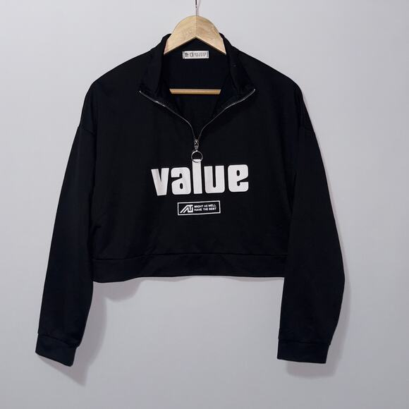 Black “Value” Half-Zip Cropped Sweatshirt — Ring Pull Zipper - Picture 1 of 5